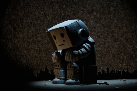 lonely sad robot sits in dark room weeping, created with generative aiの素材