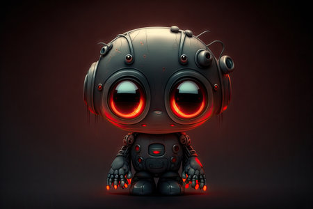 cute sad robot with big red eyes on dark background, created with generative aiの素材