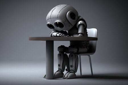 lonely sad robot crying sitting at table on gray background, created with generative aiの素材