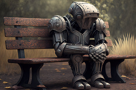 lonely sad robot sitting on bench and looking at broken heart, created with generative aiの素材