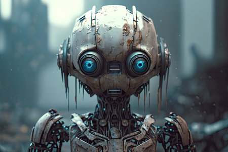 modern sci-fi sad robot with different impressive facial expressions, created with generative aiの素材