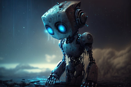 sad robot with blue lights in his body against background of dark sky, created with generative aiの素材