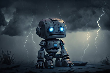 sad robot with blue lights in his body against background of dark sky, created with generative aiの素材