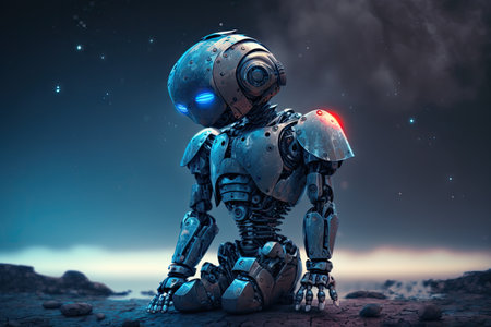 sad robot with blue lights in his body against background of dark sky, created with generative aiの素材