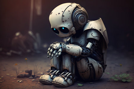 lonely sad robot with opened broken arm in his hands, created with generative aiの素材