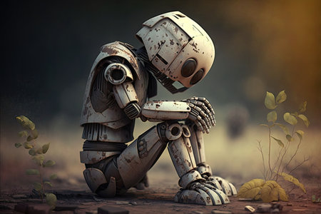 lonely sad robot with opened broken arm in his hands, created with generative aiの素材