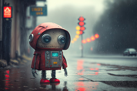 emotional sad robot with big red eyes in gloomy street, created with generative aiの素材