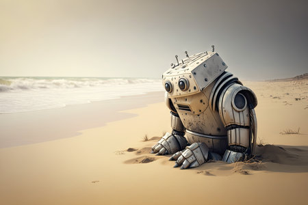 sad robot sitting on sand at sea shore, created with generative aiの素材