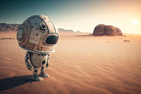 lonely sad robot stands at desert space on alien planet, created with generative aiの素材