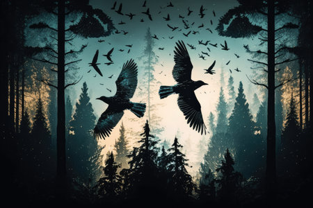 double exposure of birds soaring in flight over forest romantic background, created with generative aiの素材