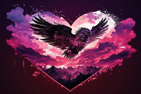 double exposure of flying heart against pink purple sky romantic illustration, created with generative aiの素材