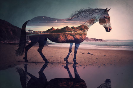 lonely horse on beach in evening coast romantic double exposure, created with generative aiの素材