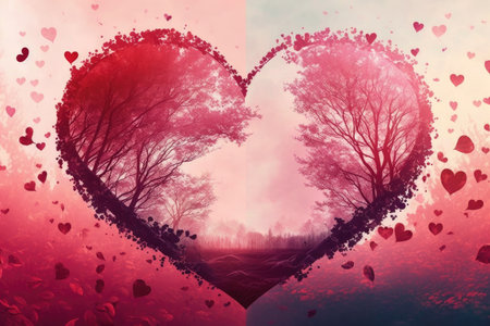 valentines day heartful pink with red romantic double exposure background, created with generative aiの素材