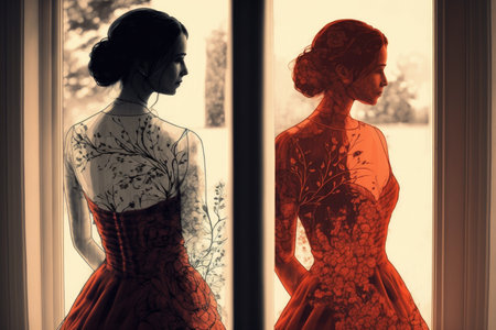 double exposure of woman in red dress preparing for wedding, created with generative aiの素材
