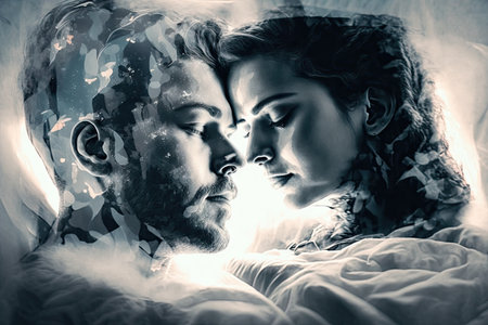 double exposure of couple in love lying on bed romantic background, created with generative aiの素材