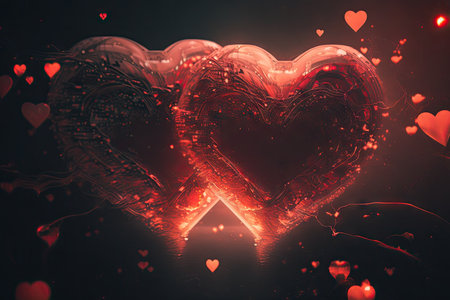 double exposure of heart-shaped red lights close up romantic double exposure, created with generative aiの素材