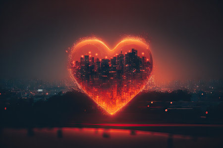 double exposure of red heart with blurry city at night romantic love concept, created with generative aiの素材