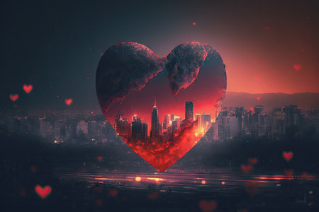 double exposure of red heart with blurry city at night romantic love concept, created with generative aiの素材