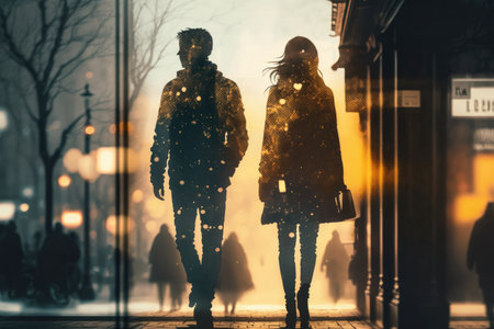 double exposure of two people walking in city street against background of blurred lights and romantic window with glass, created with generative aiの素材