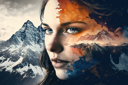 double exposure of girls face over mountain romantic background, created with generative aiの素材