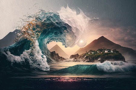 sea wave breaking against coastal hill romantic double exposure, created with generative aiの素材