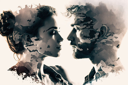 double exposure of couple in love in studio romantic portrait, created with generative aiの素材