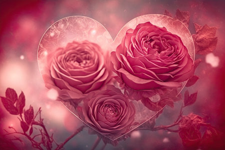double exposure of red roses on blurred background with romantic pink hearts, created with generative aiの素材