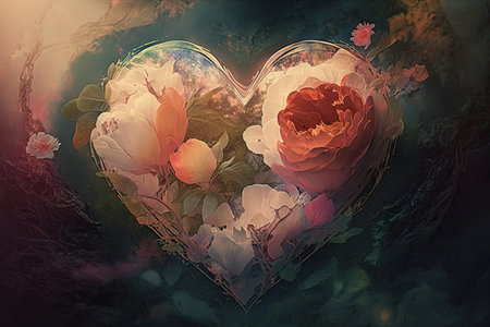 open heart on blurred roses double exposure art, created with generative aiの素材