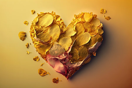 beautiful heart made of rose petals on yellow background double exposure, created with generative aiの素材