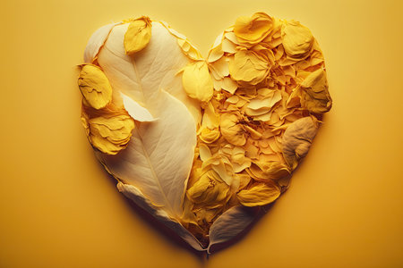 beautiful heart made of rose petals on yellow background double exposure, created with generative aiの素材