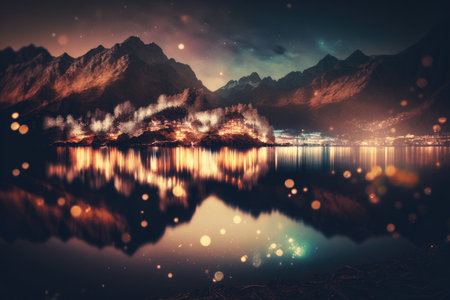 lights on shore of lake with mountain background double exposure, romantic holiday concept, created with generative aiの素材