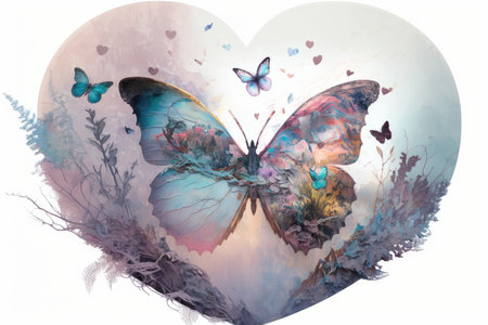 pastel heart with romantic double exposure of butterfly in flight, created with generative aiの素材