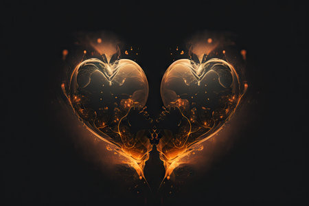 double exposure abstract orange heart shape on black background romantic double exposure, created with generative aiの素材