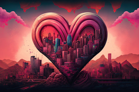 love declaration on pink red heart over cityscape background digital illustration, created with generative aiの素材