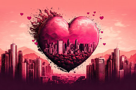 love declaration on pink red heart over cityscape background digital illustration, created with generative aiの素材
