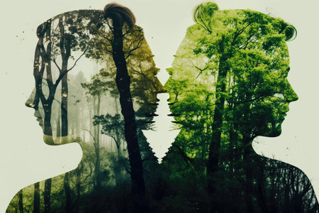 double exposure of love green forest with romantic couple with back to camera, created with generative aiの素材