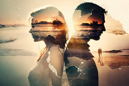 gentle wedding couple walking on beach against backdrop of sea and sunset romantic double exposure, created with generative aiの素材
