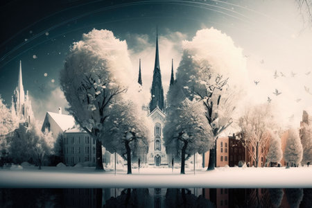 beautiful festive place with white trees double exposure, romantic snow city, created with generative aiの素材
