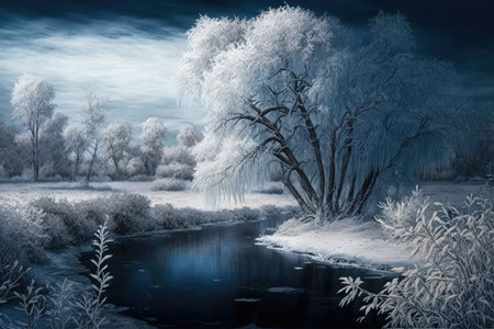 frozen landscape of winter with frozen trees and river in ice, created with generative aiの素材