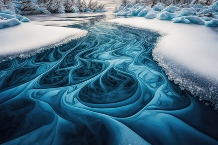 beautiful clear blue ice surface of river in winter, created with generative aiの素材
