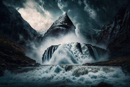 large rushing waterfall against cold sky and high mountains, created with generative aiの素材