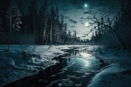 dark cold forest and sky at winter evening and frozen river in ice, created with generative aiの素材