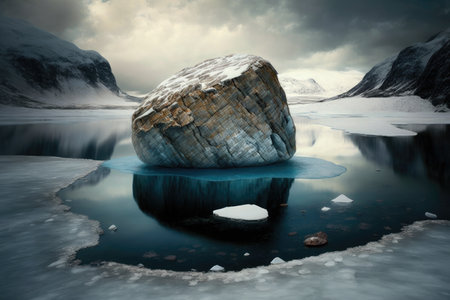 large rock in middle of lake surrounded by ice and snow river in ice, created with generative aiの素材