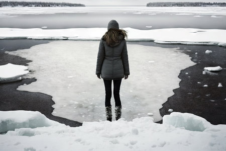 girl standing on surface of ice-covered river at winter, created with generative aiの素材