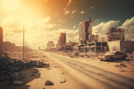 panoramic view of empty apocalyptic city after destruction retro city landscape, created with generative aiの素材