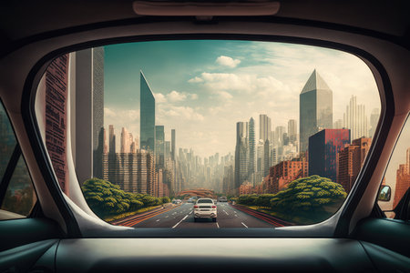 looking out of window of car at modern cityscape with high buildings, created with generative aiの素材