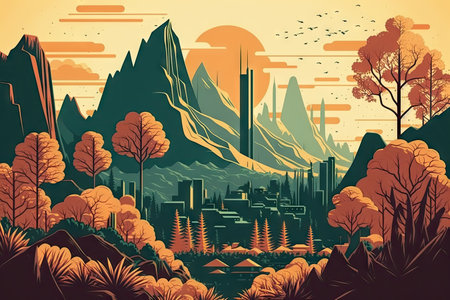 beautiful nature landscape with city against backdrop of mountains from 1970s retro city landscape, created with generative aiの素材