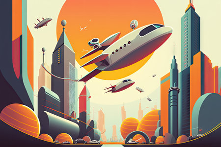 cityscape of bright future with high buildings and flying transport in contemporary design, created with generative aiの素材