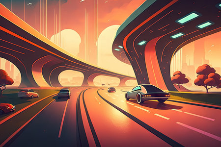 futuristic busy highway with cars futuristic retro city landscape, created with generative aiの素材