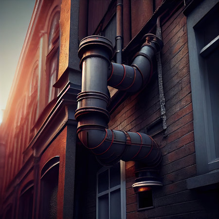replacing old metal pipes with new ones replacement of downpipes in the city, created with generative aiの素材